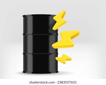 Fresh oil concept. Black oil barrel with golden thunderbolts. 3d vector illustration