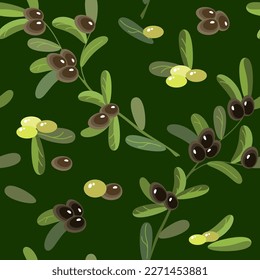 Fresh olive seamless pattern with branches and leaves. Ripe olive. Organic healthy food on a green background. Vegetable Cooking concept. Flat style vector illustration. 
