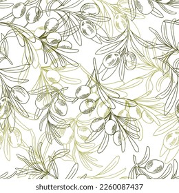 Fresh olives hand drawn background. Doodle wallpaper vector. green seamless pattern with olive branches