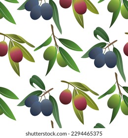 Fresh olives hand drawn background. Wallpaper vector. Colorful seamless pattern with olive branches.