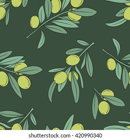 Fresh olives hand drawn background. Doodle wallpaper vector. Colorful seamless pattern with olive branches