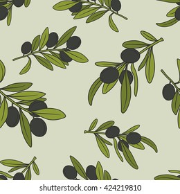 Fresh olives hand drawn background. Doodle wallpaper vector. Colorful seamless pattern with olive branches
