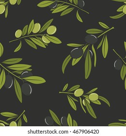 Fresh olives hand drawn background. Doodle wallpaper vector. Colorful seamless pattern with olive branches