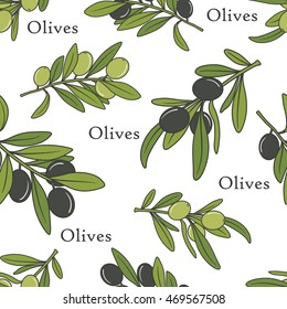 Fresh olives hand drawn background. Doodle wallpaper vector. Colorful seamless pattern with olive branches