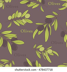 Fresh olives hand drawn background. Doodle wallpaper vector. Colorful seamless pattern with olive branches