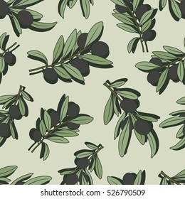 Fresh olives hand drawn background. Decorative wallpaper, good for printing. Colorful seamless pattern with olive branches. Design illustration vector