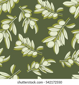 Aceitunas frescas dibujadas a mano de fondo. Fondo de pantalla decorativo, bueno para imprimir. Patrón inconsútil colorido con ramas de olivo. Vector de ilustración