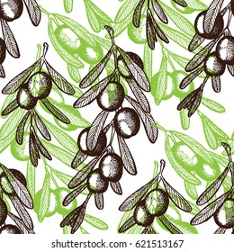 Fresh olives hand drawn background. Doodle wallpaper vector. Colorful seamless pattern with olive branches