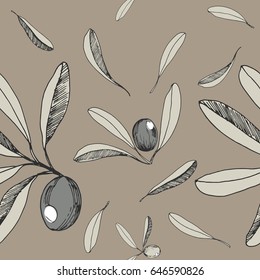 Fresh olives hand drawn background. Doodle wallpaper vector. Monochrome seamless pattern with olive branches hand drawn vintage style.