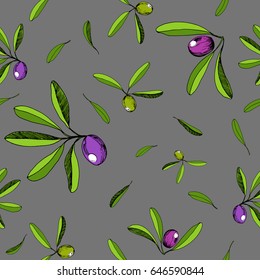 Fresh olives hand drawn background. Doodle wallpaper vector. Colorful seamless pattern with olive branches hand drawn style.