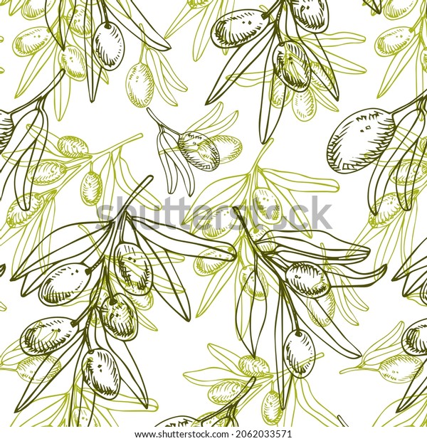 Fresh olives hand drawn background. Doodle wallpaper vector. Colorful seamless pattern with olive branches