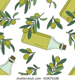Fresh olives and olive oil hand drawn background. Doodle wallpaper vector. Colorful seamless pattern with olive branches