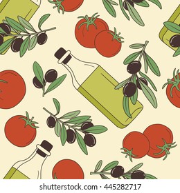 Fresh olives, tomatoes and olive oil hand drawn background. Doodle wallpaper vector. Colorful seamless pattern with olive branches