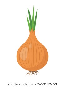 Fresh Onion bulb in skin icon. Yellow Head of onion in peel with green sprout and roots. Cook ingredients, spices. Organic food. Vector illustration isolated on white background.