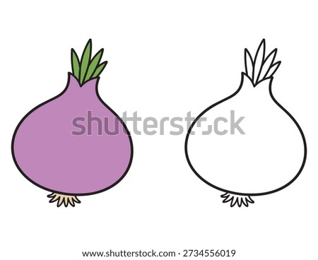 Fresh Onion Coloring Sheet for Children. Isolated Purple Color and Black and White Outline for Kids' Activity Books.