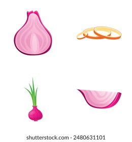 Fresh onion icons set cartoon vector. Whole and chopped onion. Organic farm vegetable