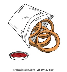 Fresh onion rings with sauce ketchup. American fast food cuisine. Outline food art