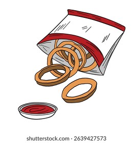 Fresh onion rings with sauce ketchup. American fast food cuisine. Outline food art