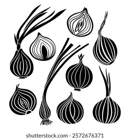 Fresh onion silhouettes stencil templates, hand drawn organic vegetable vector clipart