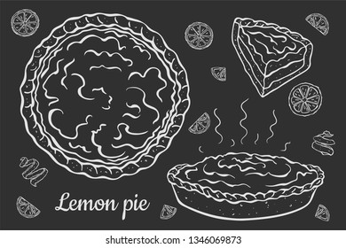 fresh open lemon pie isolated on black background  white outline