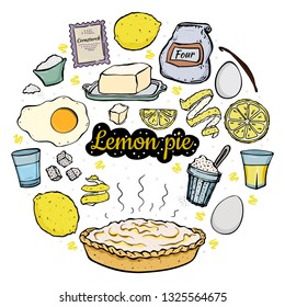 fresh open lemon pie recipe ingredients isolated on white