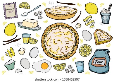 fresh open lemon pie recipe ingredients isolated on white