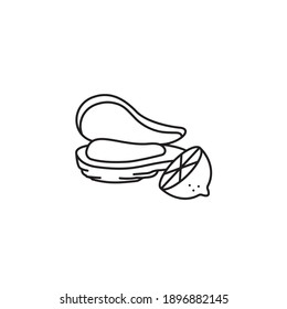 Fresh opened oyster and half lemon vector line icon. Seafood outline symbol.