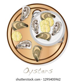 Fresh opened oyster vector images set on plate / dish isolated on white background.