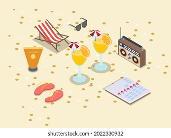 Fresh orang juice summer drinks and holidays equipment on beach sand. Isometric vector concept