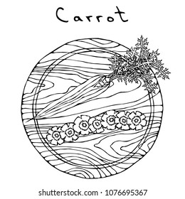 Fresh Orange Carrots with Leaves on a Cutting Wooden Board and Flower Shape Slices. Ripe Vegetables. Vegetarian Cuisine. Salad Ingredient. Realistic Hand Drawn Illustration. Savoyar Doodle Style.