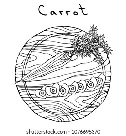 Fresh Orange Carrots with Leaves on a Cutting Wooden Board and Heart Shape Slices. Ripe Vegetables. Vegetarian Cuisine. Salad Ingredient. Realistic Hand Drawn Illustration. Savoyar Doodle Style.