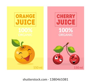 Fresh Orange and Cherry Juice Labels Templates Set, Emblem, Logo, Packaging or Advertising Design Element Vector Illustration