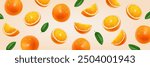Fresh orange fruit falling on light background. Vector realistic illustration with whole, slice and piece citrus and green leaves.