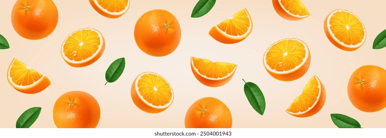 Fruta naranja fresca que cae sobre fondo claro. Vector ilustración realista con entero, rebanada y pedazo de cítricos y hojas verdes.