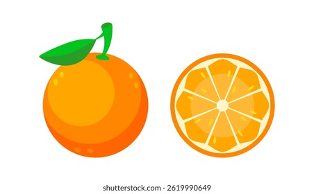 Fresh Orange Fruit with Green Leaf and Orange Slice Showing the Pulp