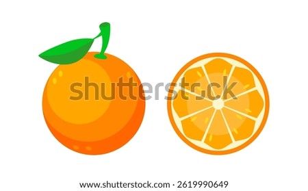 Fresh Orange Fruit with Green Leaf and Orange Slice Showing the Pulp
