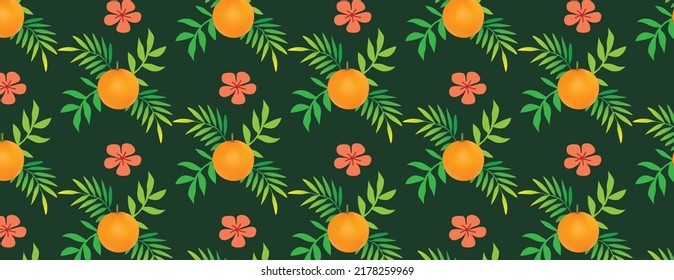 fresh orange fruit with green leaves and flowers seamless pattern vector illustration (tropical fruit) on green background logo symbol design poster flyer fabric and tile design clothing wrapping pape