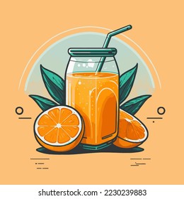 Fresh orange fruit with leaf and glass of juice isolated  background. Healthy lifestyle and vegetarian food concept. Vector illustration.template for your design Poster Logo