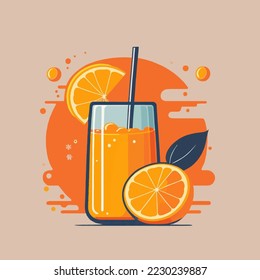 Fresh orange fruit with leaf and glass of juice isolated  background. Healthy lifestyle and vegetarian food concept. Vector illustration.template for your design Poster Logo