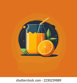 Fresh orange fruit with leaf and glass of juice isolated  background. Healthy lifestyle and vegetarian food concept. Vector illustration.template for your design Poster Logo