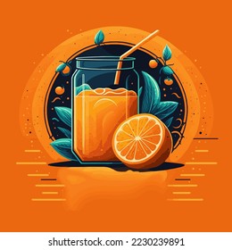 Frische orangefarbene Früchte mit Blättern und Glas Saft einzeln auf Hintergrund. Gesunder Lebensstil und vegetarisches Ernährungskonzept. Vektorgrafik.Template für Ihr Design-Poster-Logo