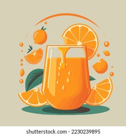 Fresh orange fruit with leaf and glass of juice isolated  background. Healthy lifestyle and vegetarian food concept. Vector illustration.template for your design Poster Logo