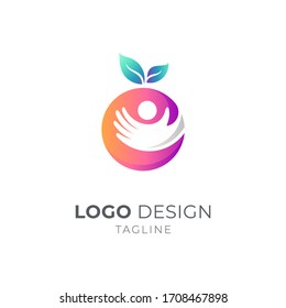 Logotipo nutricional de frutas, Icono vectorial de la atención de la salud humana, naranja fresco con silueta manual
