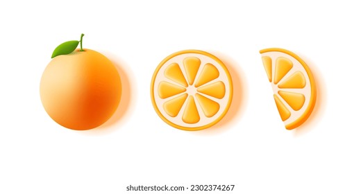 Fresh orange fruit set, 3d orange fruit isolated on white background and slices of circle and half slice