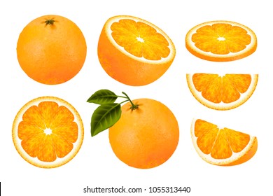 Fresh orange fruit set, juicy orange isolated on white background in 3d illustration