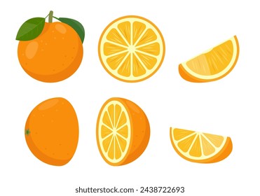 Fresh orange fruit set. Whole orange with leaves, oranges slices and cut orange fruit. Organic fruits for juice or vitamin C healthy food. Vector illustration isolated on white background.