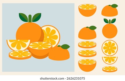 Fresh orange fruit set. Whole orange with leaves, oranges slices and cut orange fruit. Organic fruits for juice or vitamin C healthy food.
