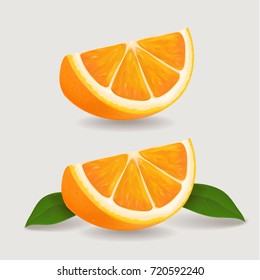 Fresh orange fruit slice with green leaves. Realistic vector illustration