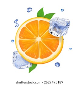 Fresh orange fruit slice with realistic ice cubes. Cold citrus drink, frozen orange juice, summer tropical fruit beverage, iced cocktail . isolated on white background