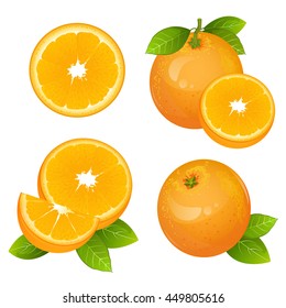 Fresh orange fruit slice set. Collection of realistic citrus vector illustrations. Juicy orange with leaves isolated